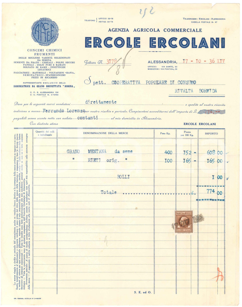 1936 ALESSANDRIA - Ercole ERCOLANI Agenzia Agricola Commerciale - Fattura (8)