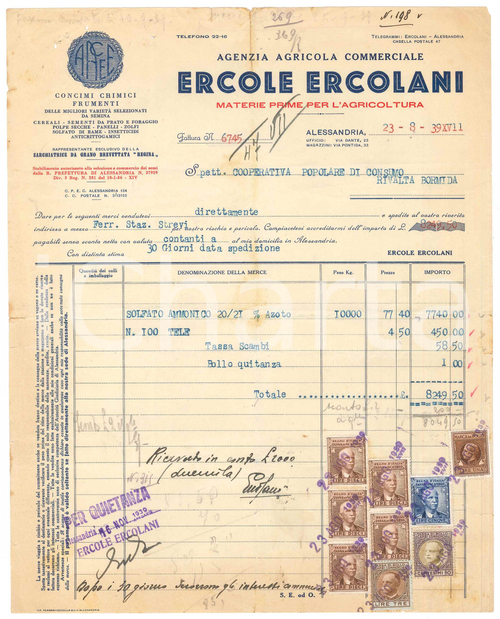 1939 ALESSANDRIA - Ercole ERCOLANI Agenzia Agricola Commerciale - Fattura (5)