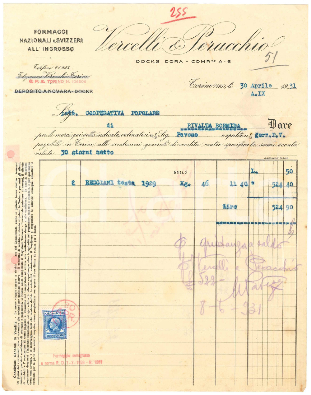 1931 TORINO Docks Dora VERCELLI & PERACCHIO Formaggi all'ingrosso - Fattura (3)