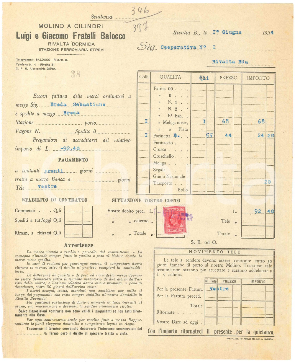 1934 RIVALTA BORMIDA (AL) Luigi e Giacomo Fratelli BALOCCO Molino - Fattura (5)