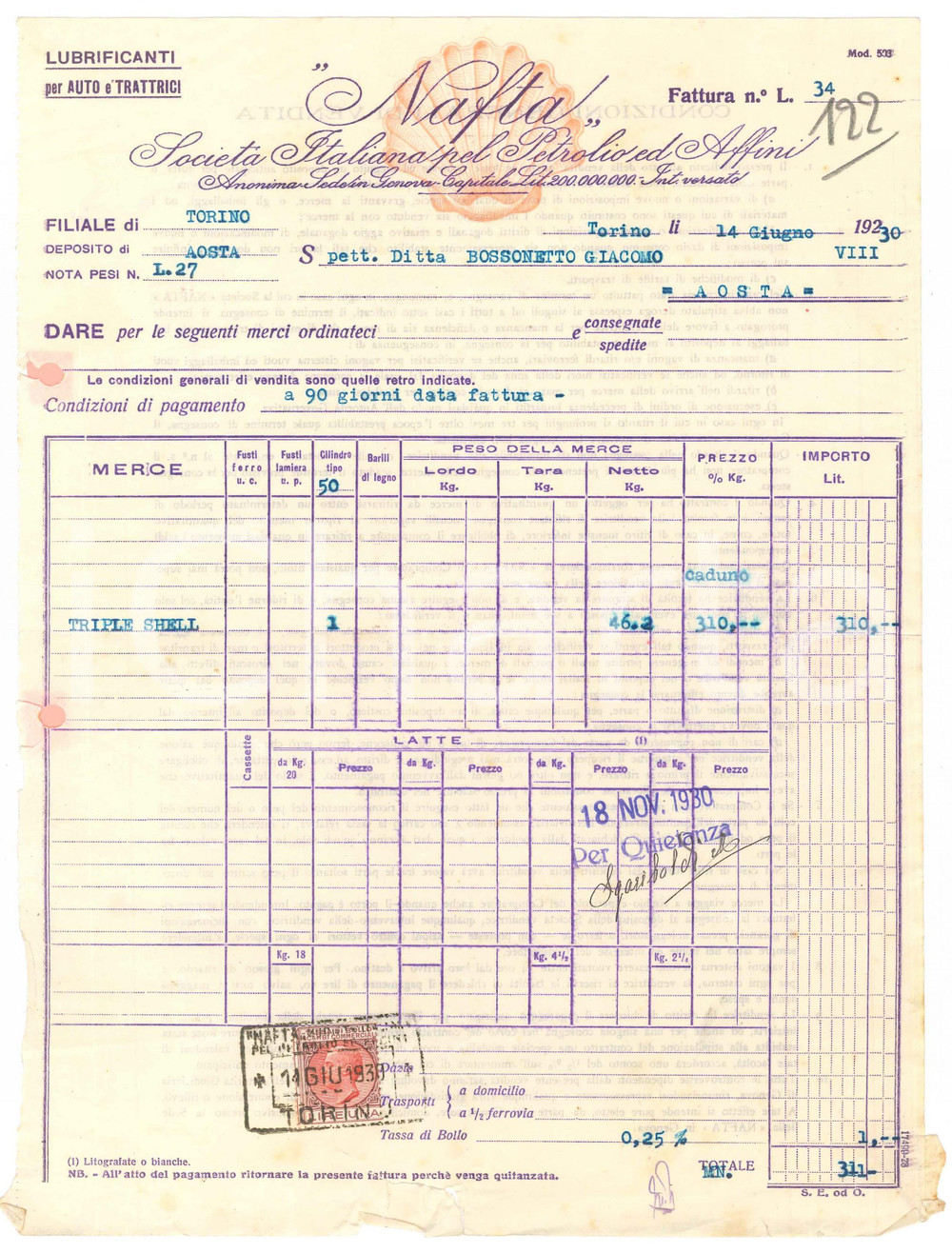 1930 GENOVA - NAFTA Società Italiana Petrolio ed Affini - Fattura Benzina SHELL