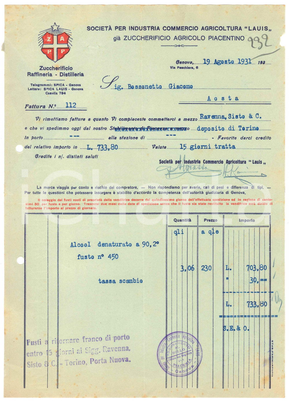 1931 GENOVA Via Peschiera 6 LAUIS Zuccherificio agricolo piacentino - Fattura 1