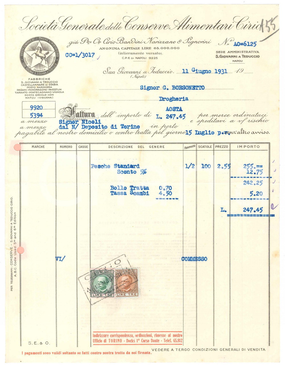 1931 TORINO Conserve Alimentari CIRIO Fattura commerciale 21x27 cm (2)