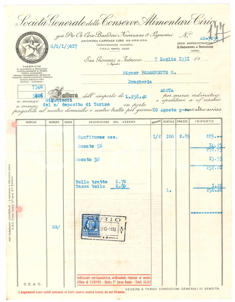 1931 TORINO Conserve Alimentari CIRIO Fattura commerciale 21x27 cm (1)