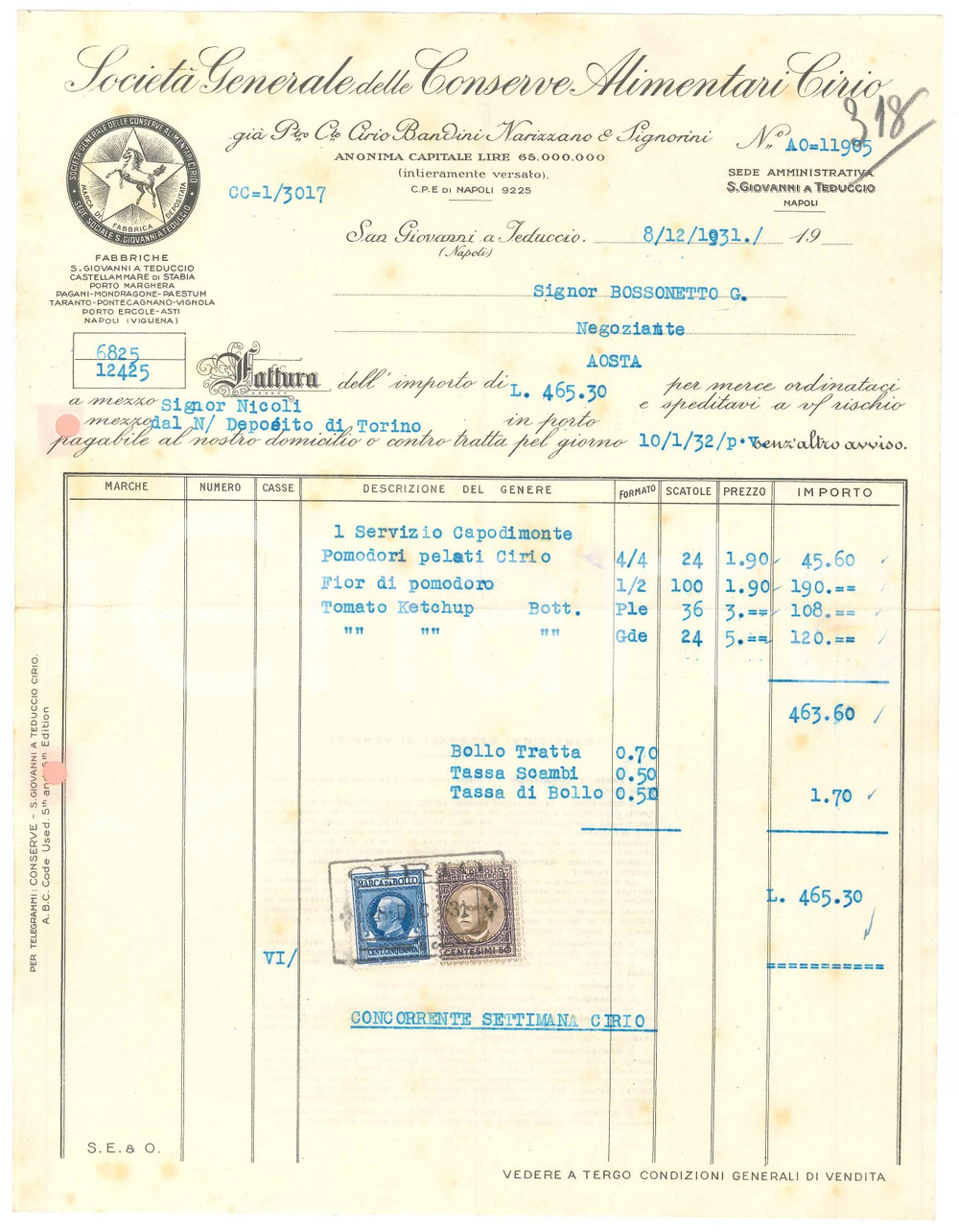 1925 TORINO Conserve Alimentari CIRIO Fattura per tomato ketchup 21x27 cm