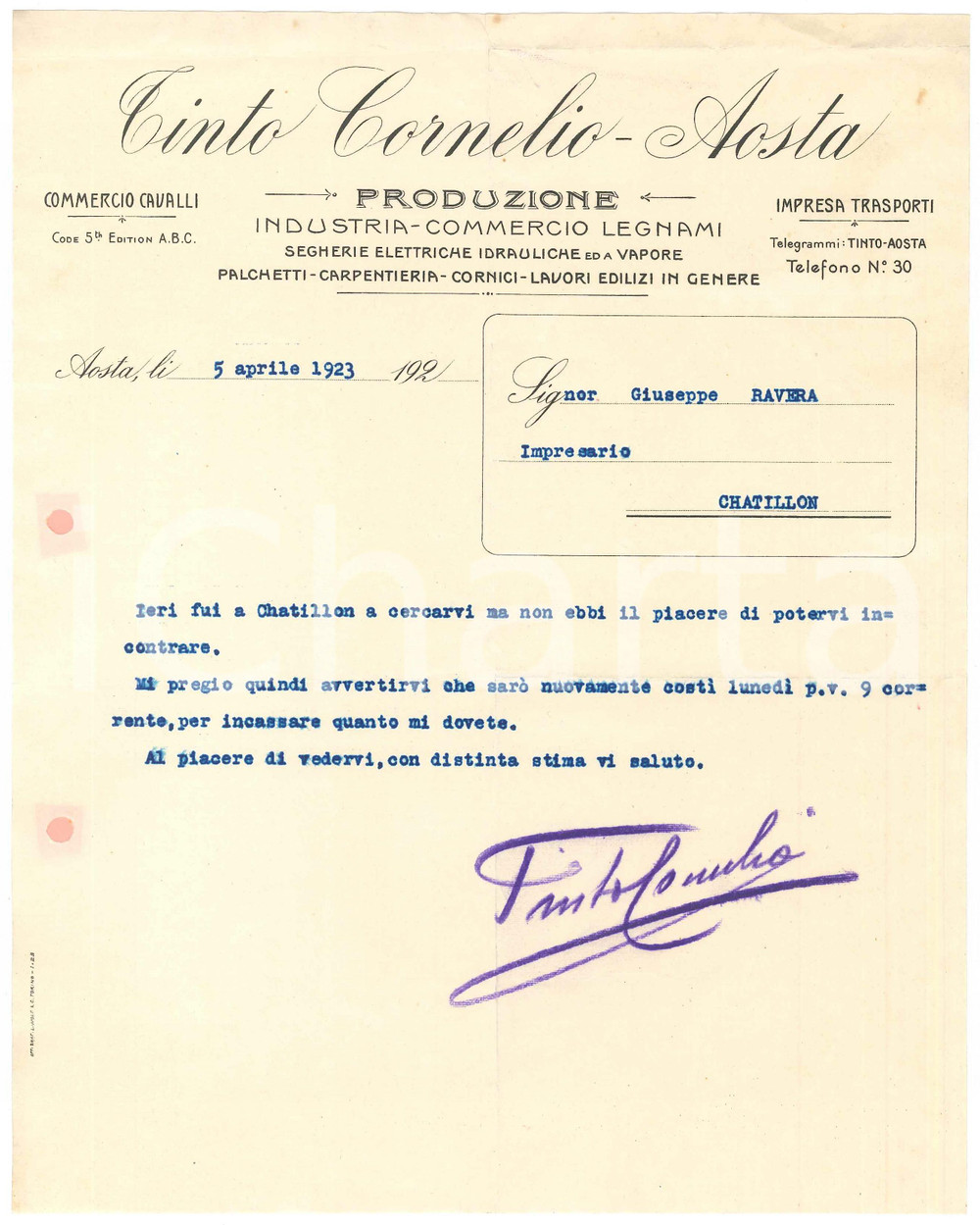 1923 AOSTA Cornelio TINTO Industria e commercio legnami - Lettera commerciale 4