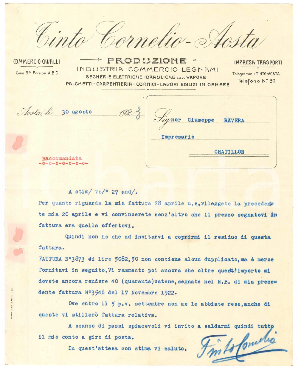 1923 AOSTA Cornelio TINTO Industria e commercio legnami - Lettera commerciale 2