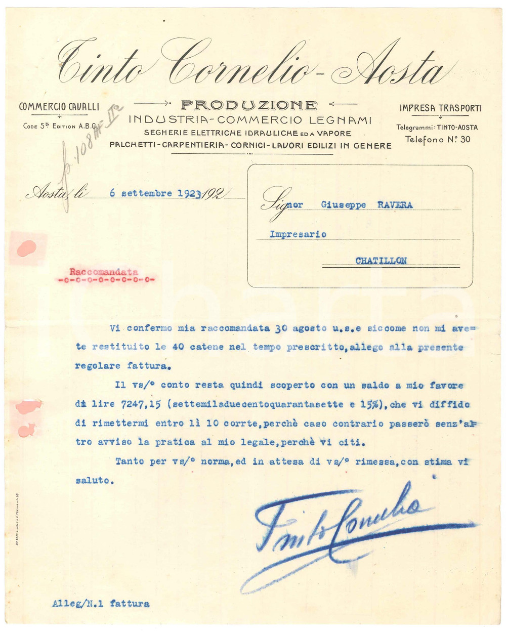 1923 AOSTA Cornelio TINTO Industria e commercio legnami - Lettera commerciale 1