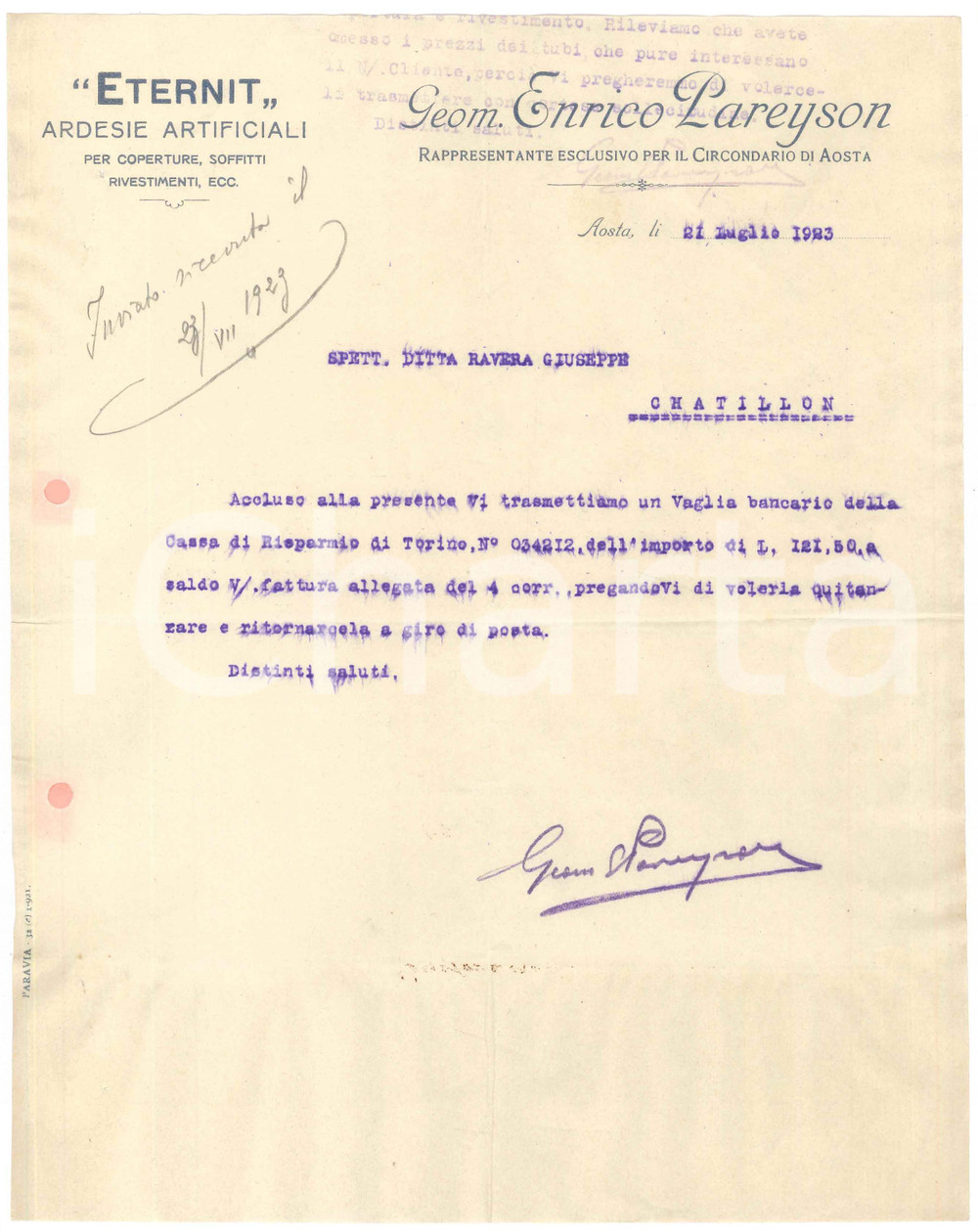 1923 AOSTA Geom. Enrico PAREYSON Rappresentante ETERNIT Lettera commerciale