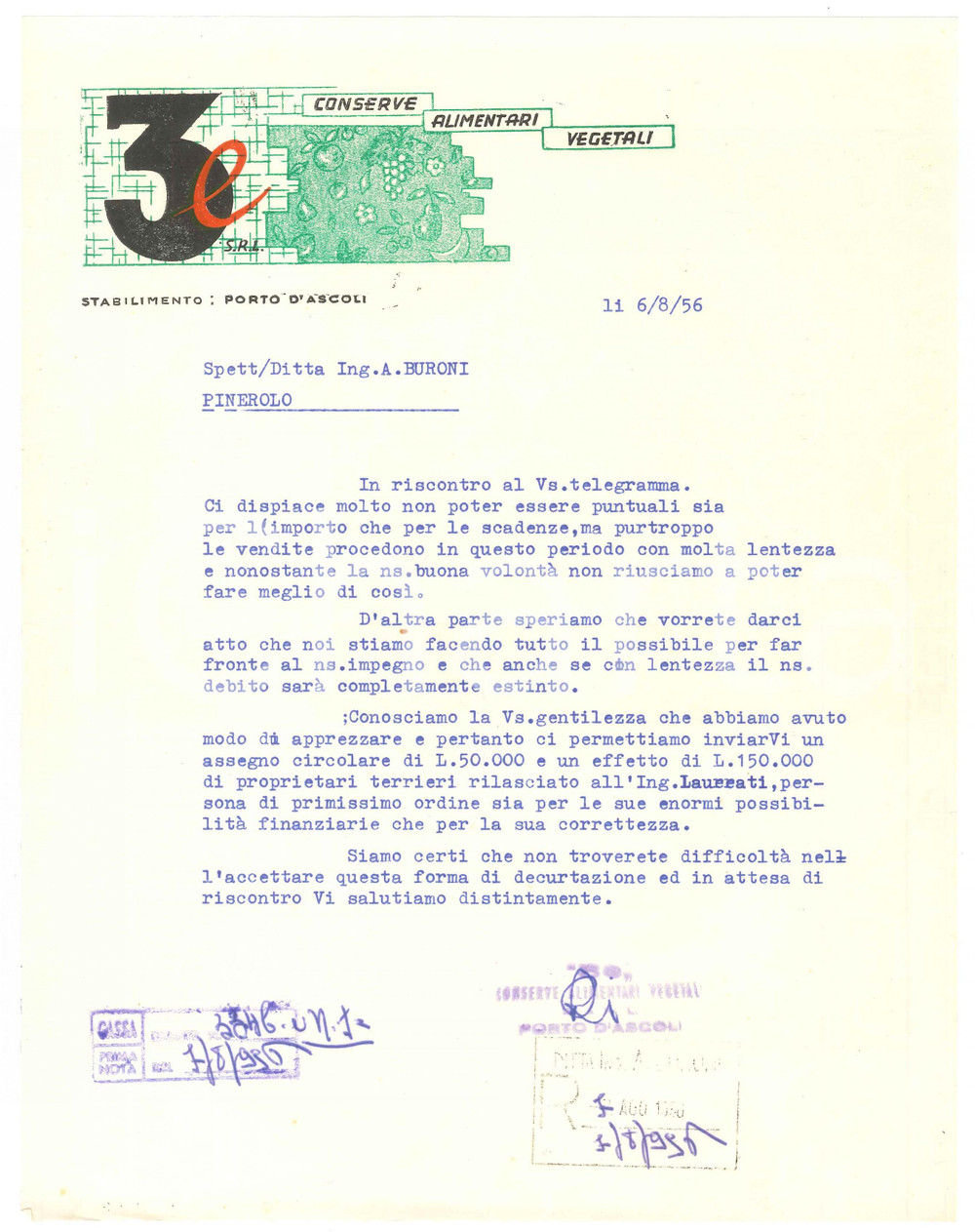1956 PORTO D'ASCOLI Stabilimento 3e Conserve alimentari - Lettera commerciale 3