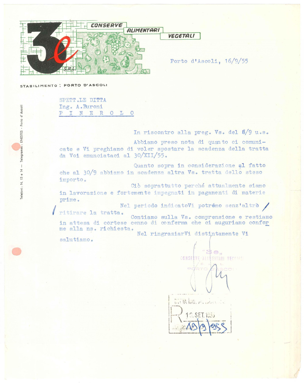 1955 PORTO D'ASCOLI Stabilimento 3e Conserve alimentari - Lettera commerciale 1