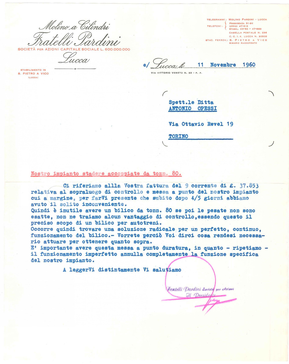 1960 LUCCA Fratelli PARDINI Molino a cilindri - Lettera commerciale 22x28 cm