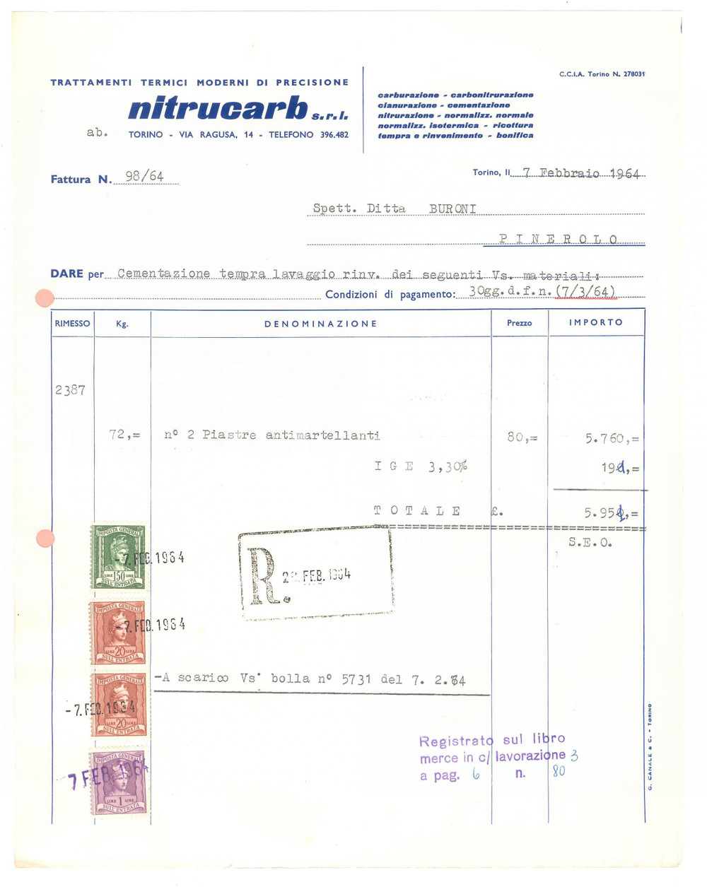1964 TORINO Trattamenti termici NITRUCARB SRL Fattura 22x28 cm (1)