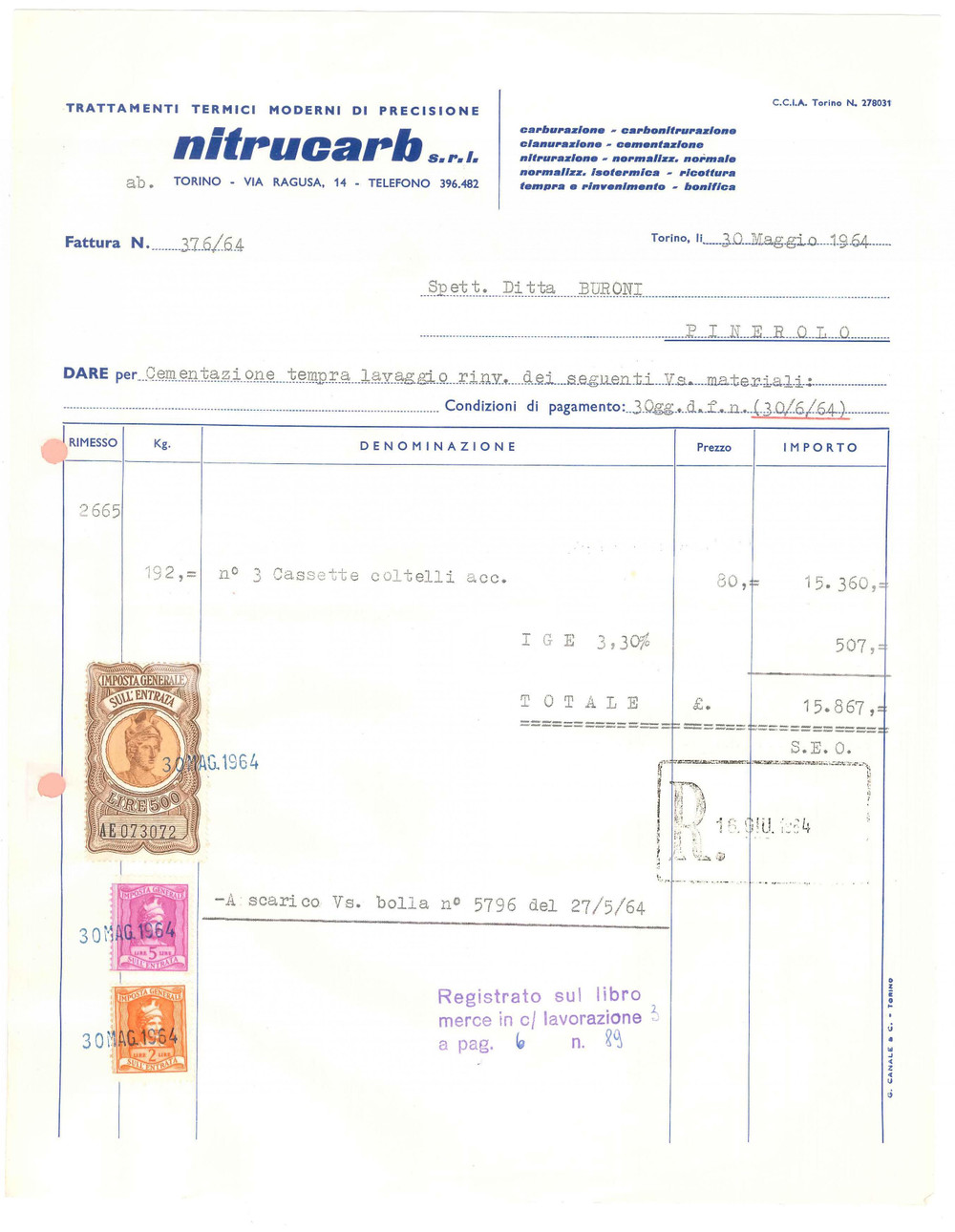 1964 TORINO Trattamenti termici NITRUCARB SRL Fattura 22x28 cm