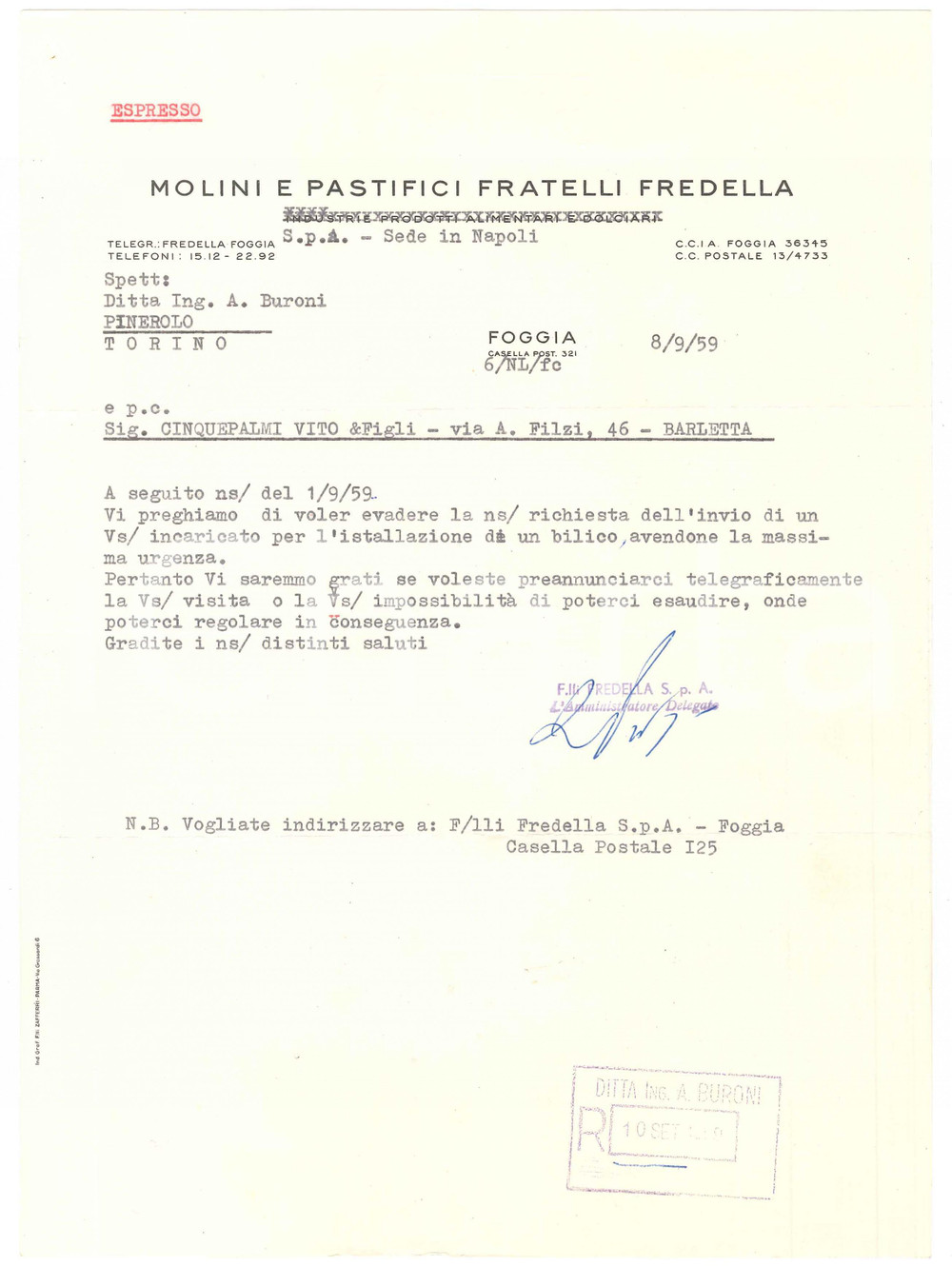 1959 FOGGIA Molini e pastifici FRATELLI FREDELLA Lettera commerciale 21x29 cm