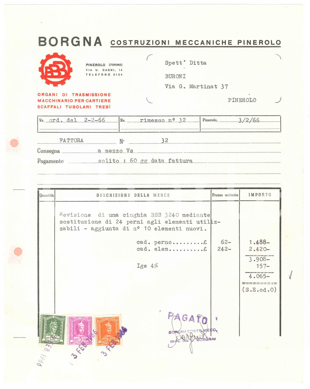 1966 PINEROLO Costruzione meccaniche BORGNA Fattura 22x28 cm