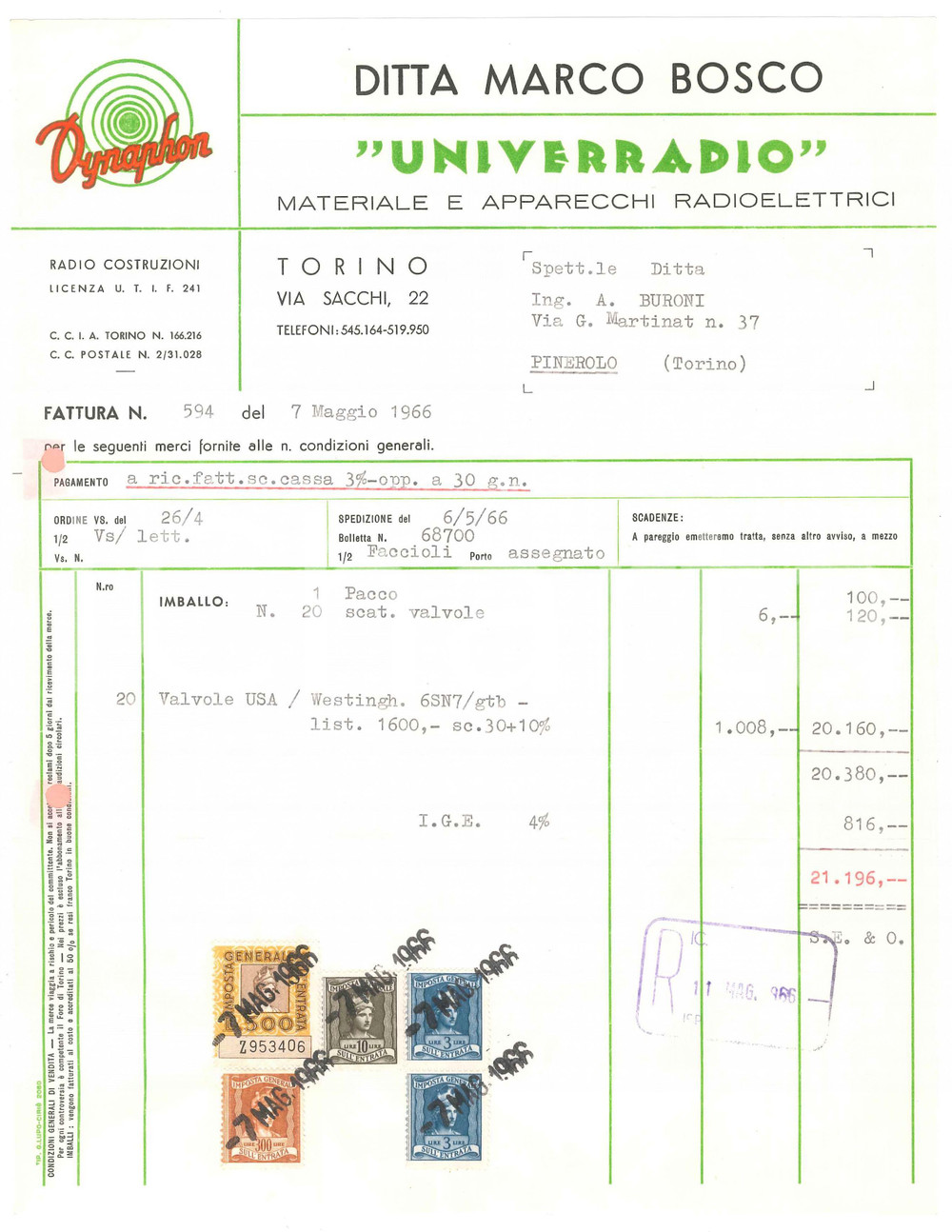 1966 TORINO Ditta Marco Bosco UNIVERRADIO - DYNAPHON Fattura 22x28 cm