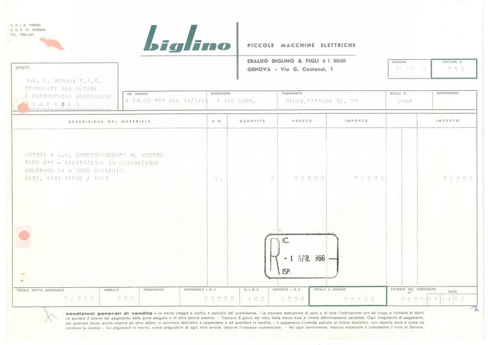 1966 GENOVA Eraldo BIGLINO e figli - Piccole macchine elettrice - Fattura 30x21