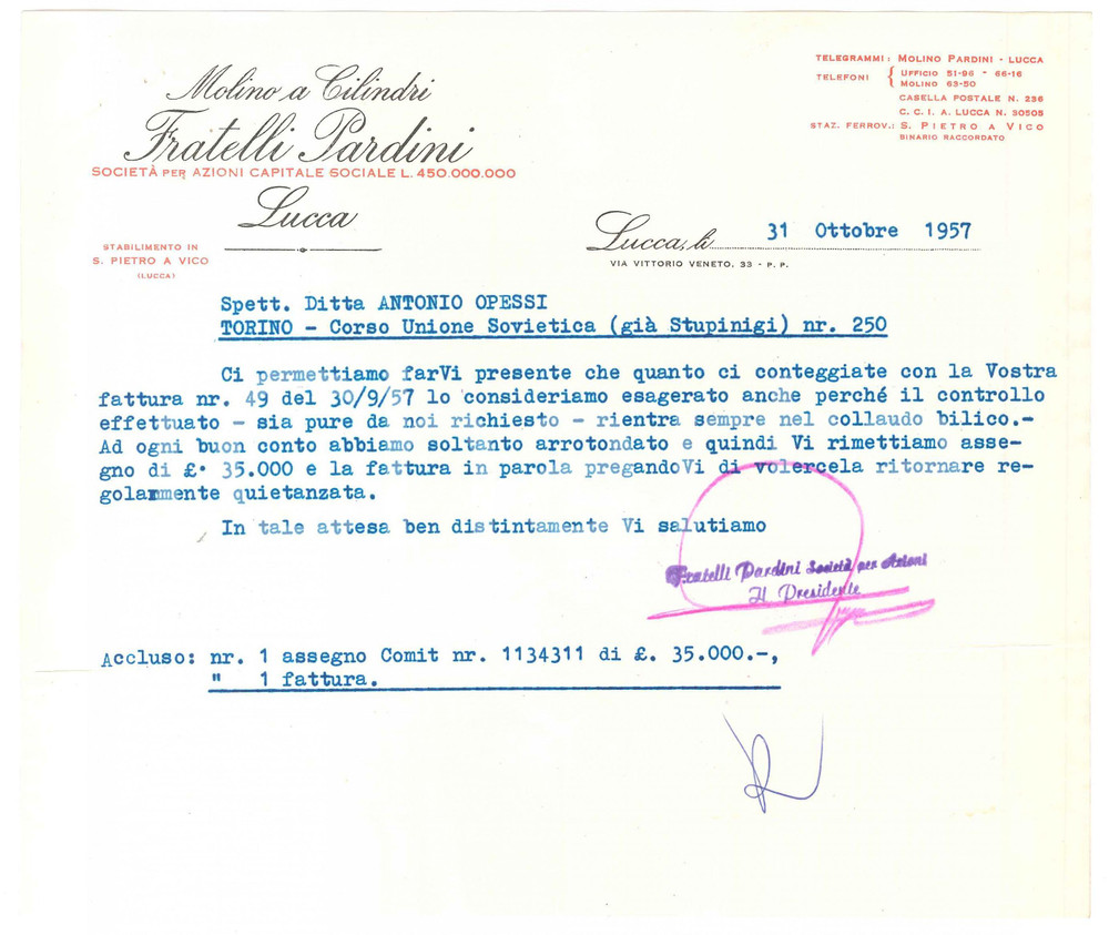 1957 LUCCA Molino a cilindri FRATELLI PARDINI Lettera commerciale 22x19 cm