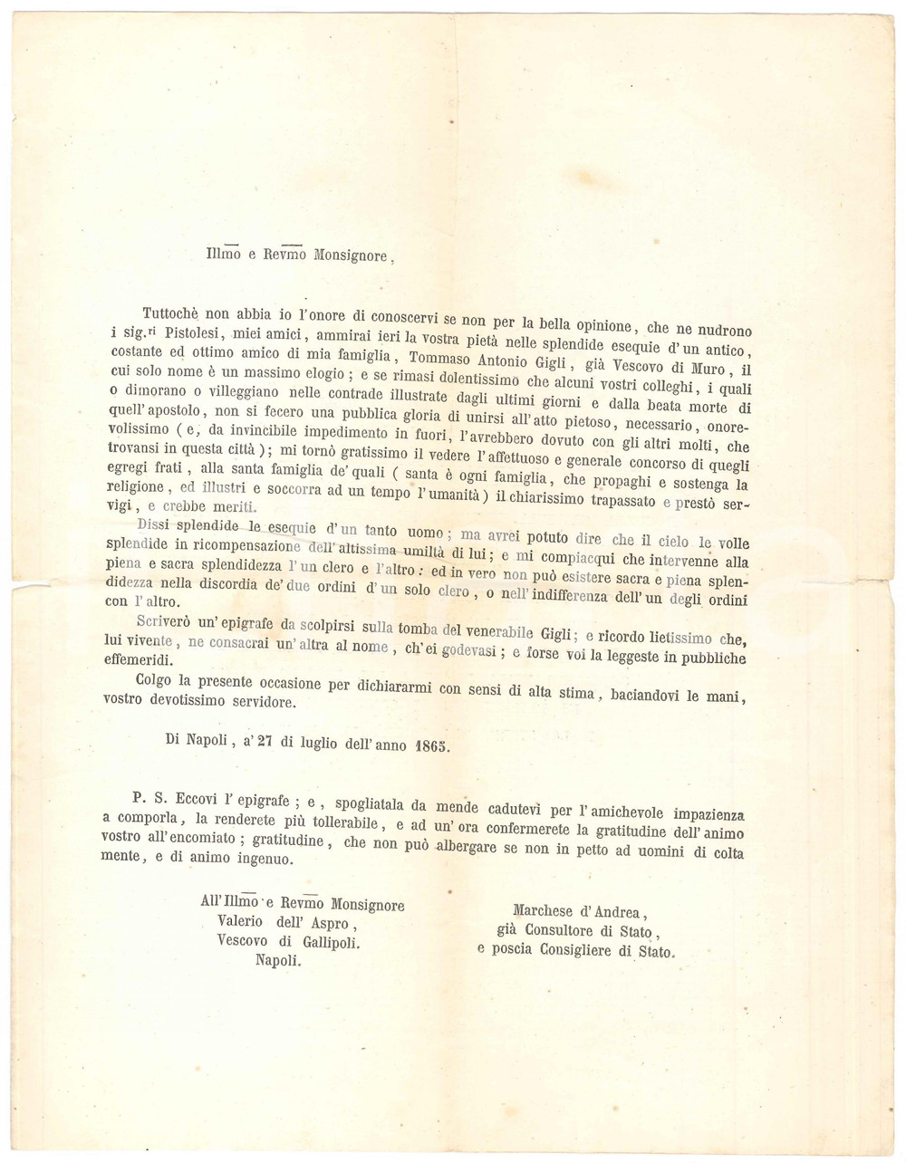 Documento originale, autentico 1865 NAPOLI Epigrafe per mons. Tommaso Antonio GIGLI Vescovo di MURO 1