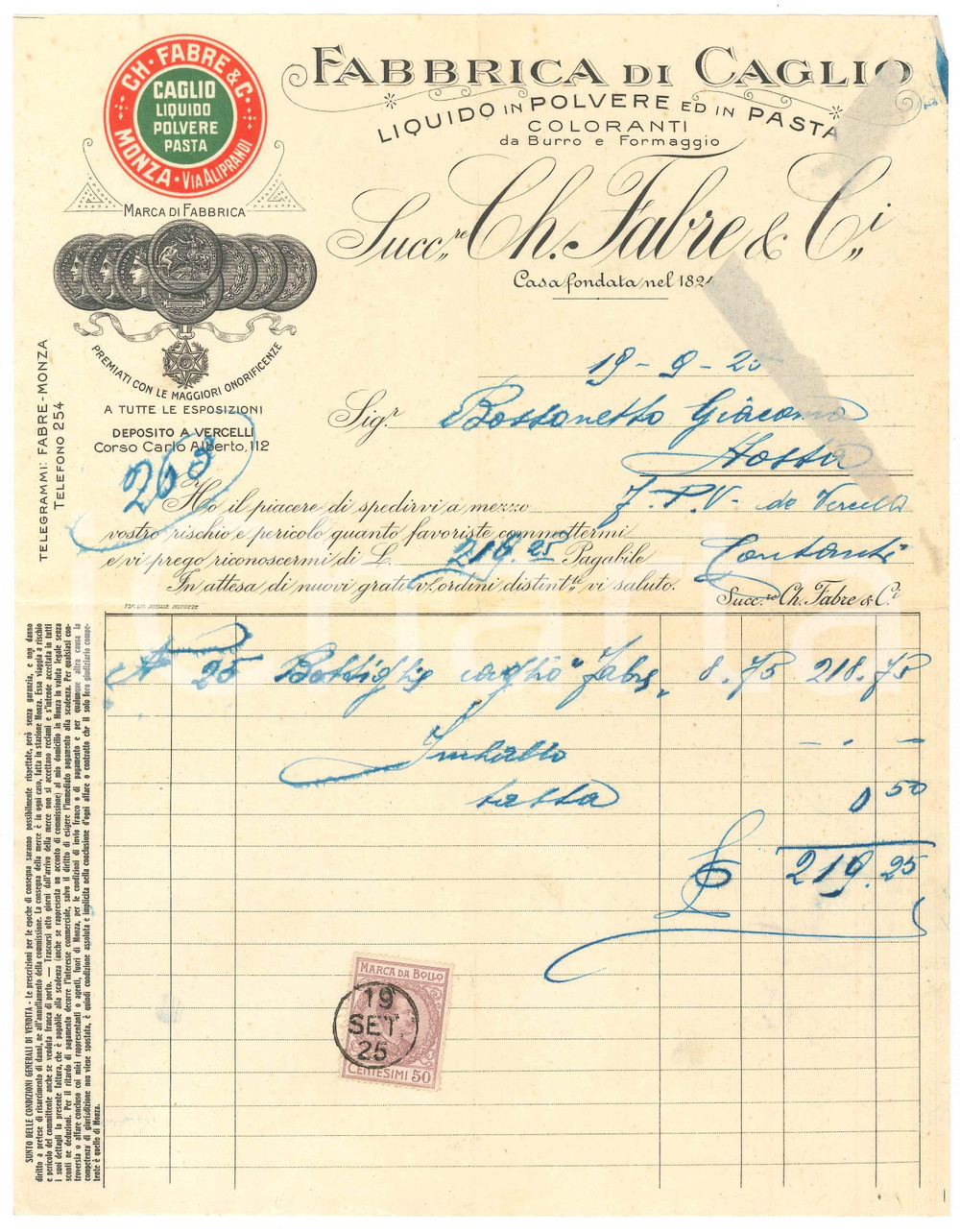 1925 MONZA - CH. FABRE & C. Fabbrica di caglio Liquido Polvere Pasta Fattura (3)