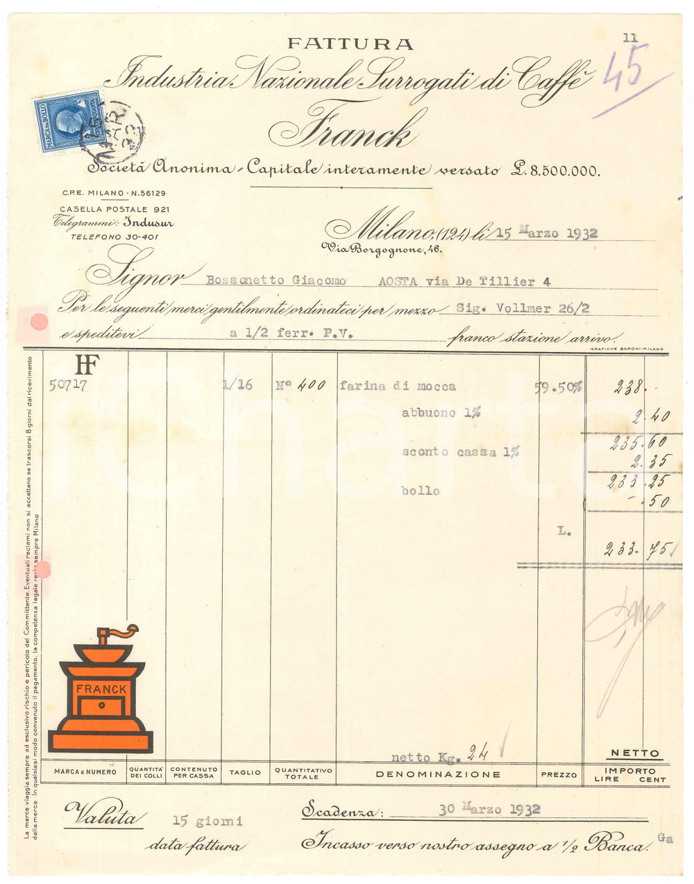 1932 MILANO Via Borgognone 46 - FRANCK Industria Surrogati di Caffè *Fattura (3)