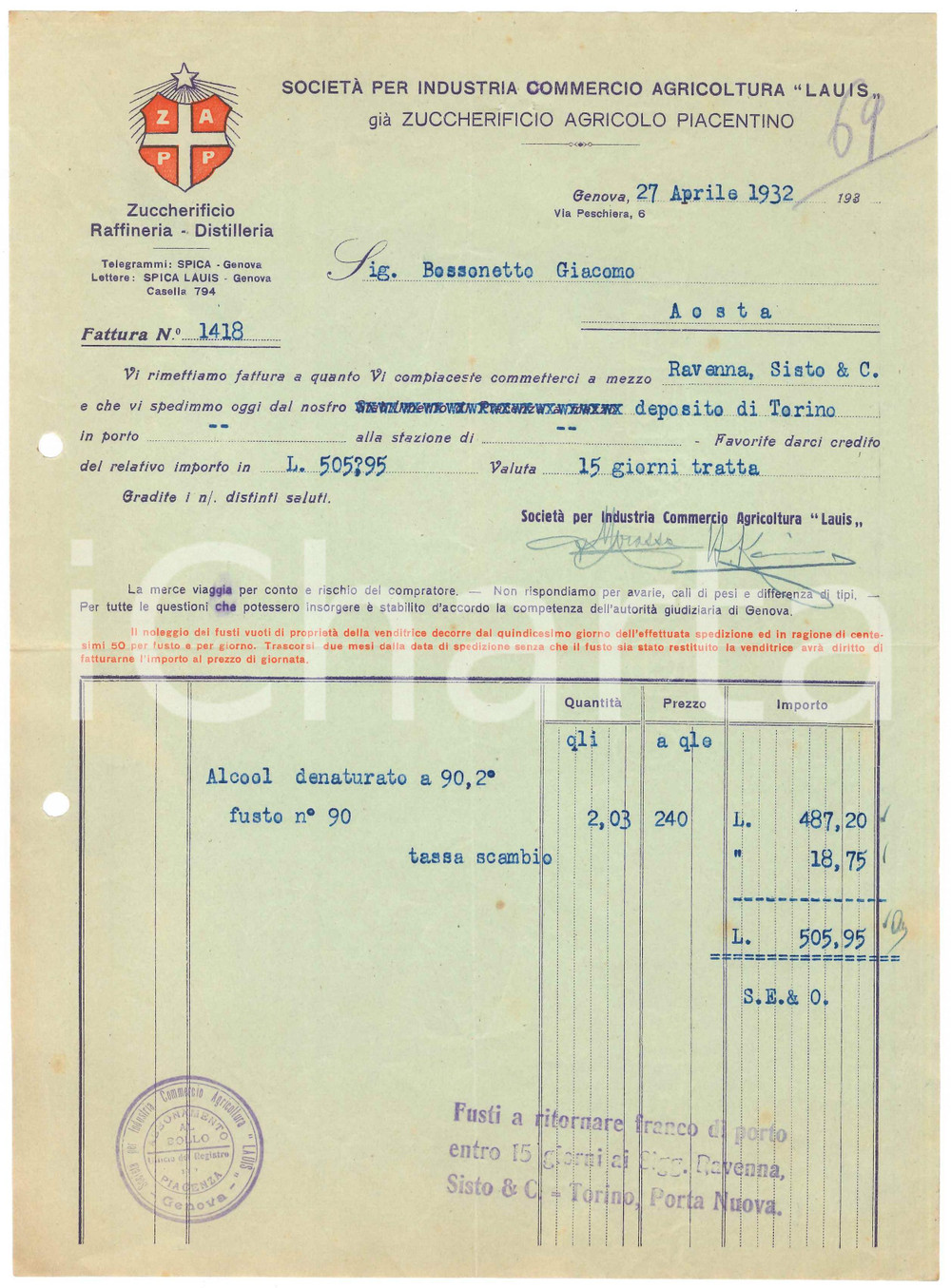 1932 GENOVA Via Peschiera 6 - LAUIS Zuccherificio agricolo piacentino - Fattura Fattura commerciale d'epoca, dattiloscritta, su carta intestata illustrata.PAGINE: 1 FAIR/discreto piegature d'epoca, lievi gualciture Formato: 22x28 cm originale e autentica 1