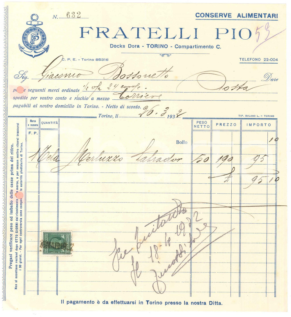 1933 TORINO Docks Dora - Conserve alimentari FRALLI PIO Fattura per merluzzo Fattura commerciale d'epoca, dattiloscritta, su carta intestata illustrata.Presente marca da bollo. PAGINE: 1 FAIR/discreto piegature d'epoca, lievi gualciture Formato: 21x23 cm originale e autentica 1