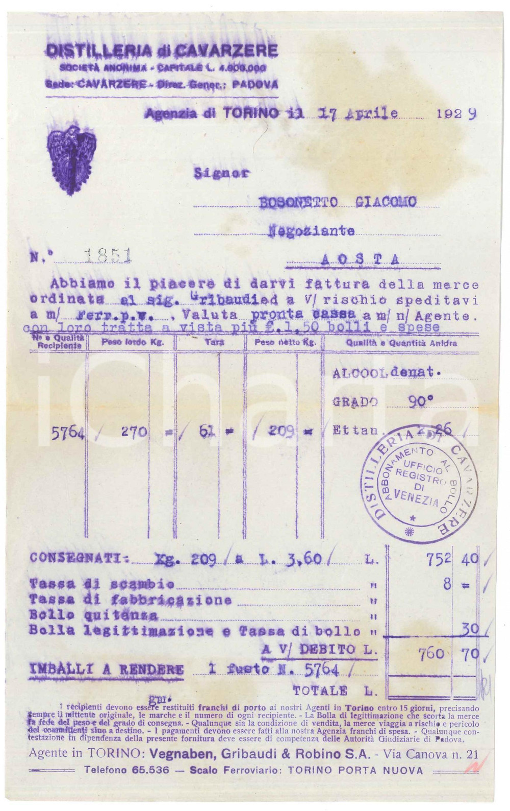 1929 TORINO Distilleria di CAVARZERE Fattura per alcool denaturato (2) Fattura commerciale d'epoca, dattiloscritta, su carta intestata illustrata.PAGINE: 1 VERY POOR/gravemente danneggiato piegature d'epoca, estesa brunitura, sbavature all'intestazione Formato: 14x23 cm originale e autentica 1