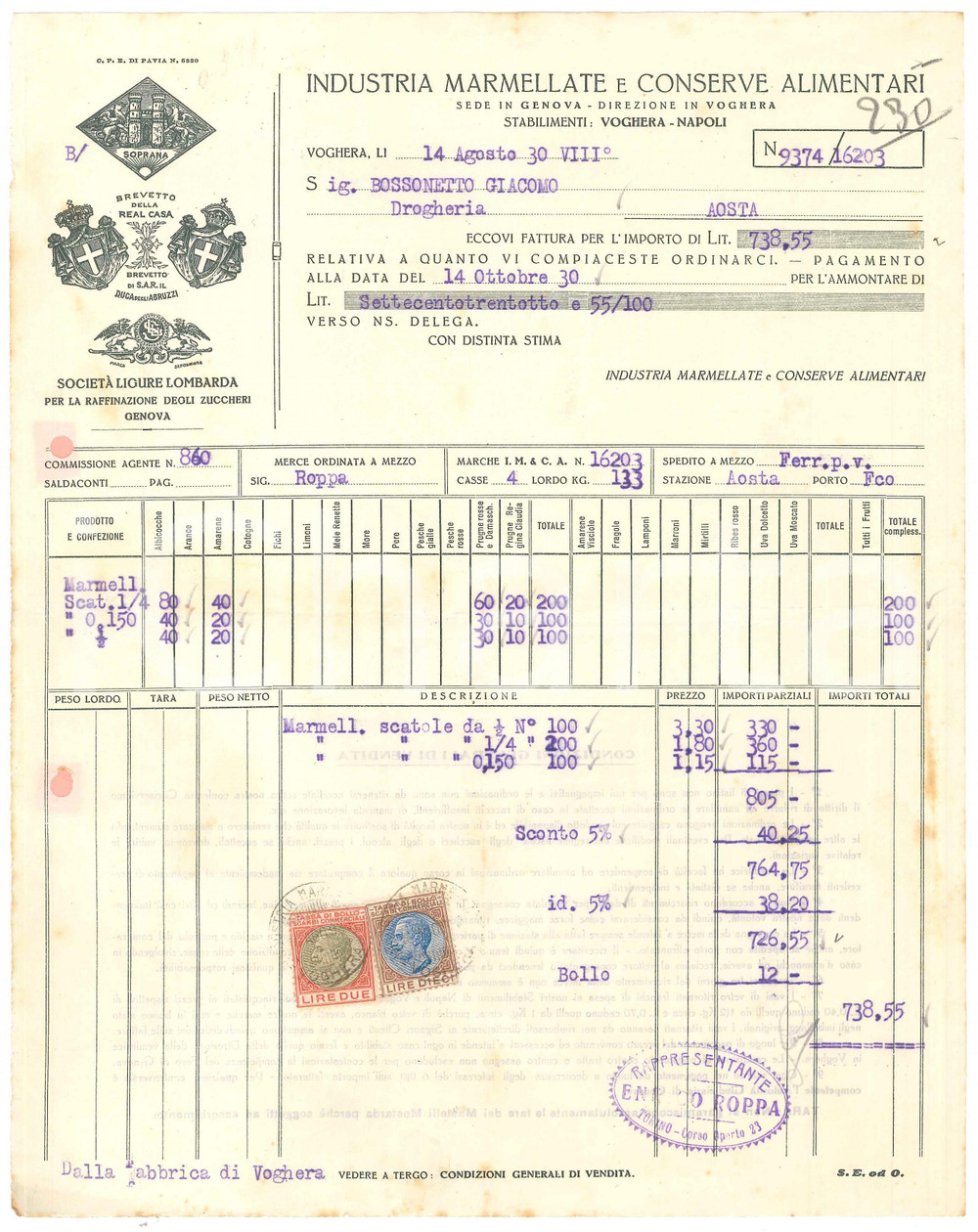 1930 GENOVA - Industria marmellate e conserve alimentari - Fattura commerciale 1