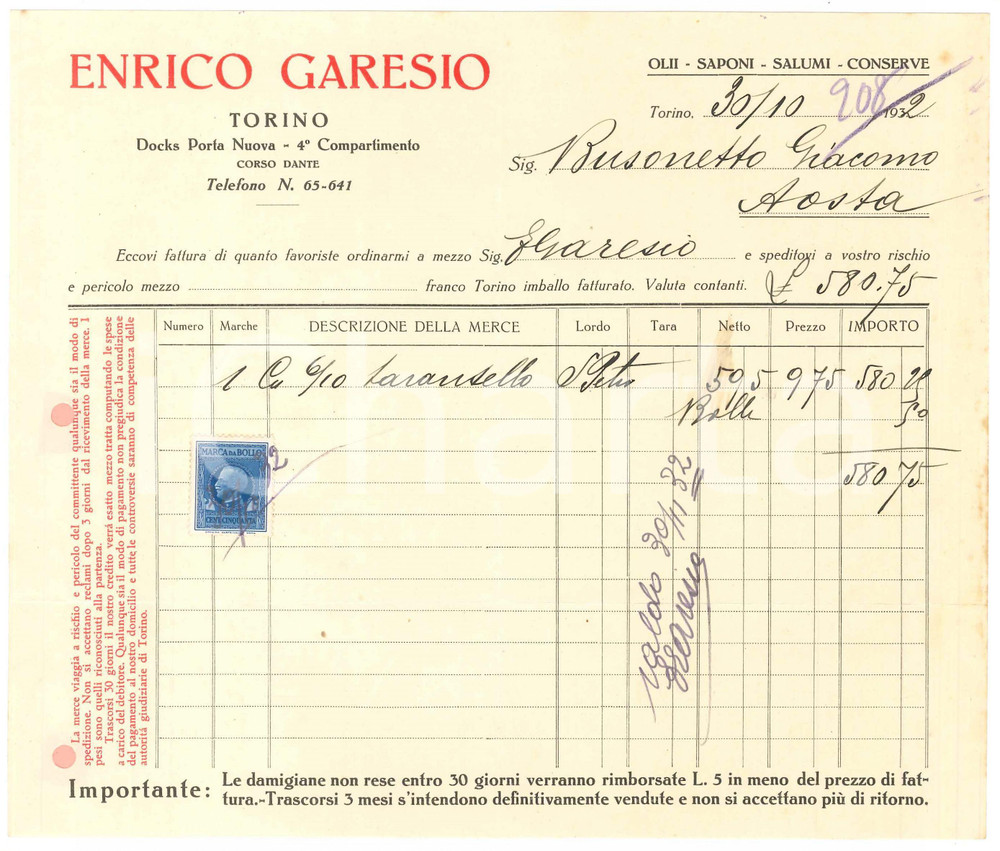 1932 TORINO Docks Porta Nuova - Enrico GARESIO Olii Salumi Conserve - Fattura 1