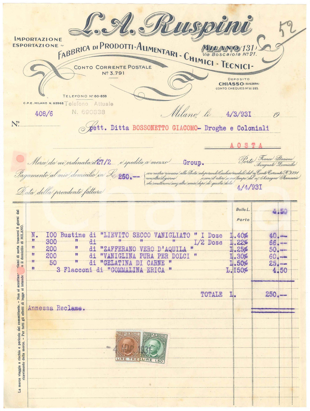 1931 MILANO Via Boscaiola 21 - L. A. RUSPINI Prodotti alimentari - Fattura (3)