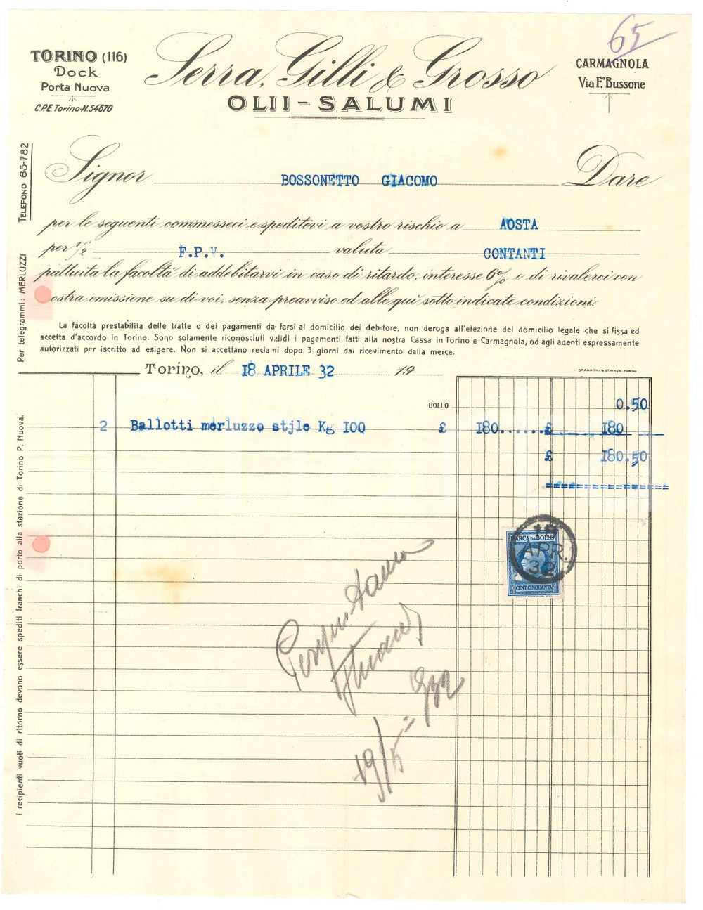 1932 TORINO Docks Porta Nuova - SERRA, GILLI & GROSSO Olii Salumi - Fattura (4)