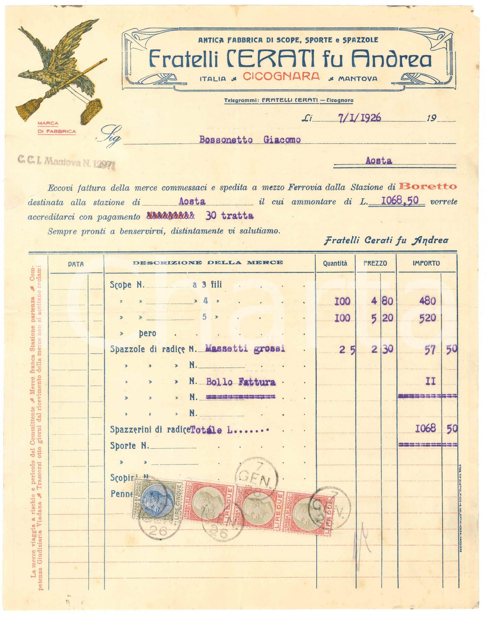 1926 CICOGNARA (MN) Fratelli CERATI fu Andrea - Scope Sporte Spazzole  - Fattura