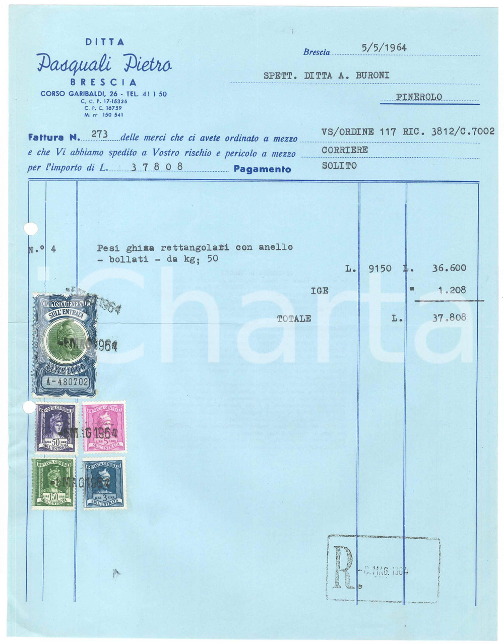 1964 BRESCIA - Ditta Pietro PASQUALI - Fattura per pesi in ghisa rettangolari
