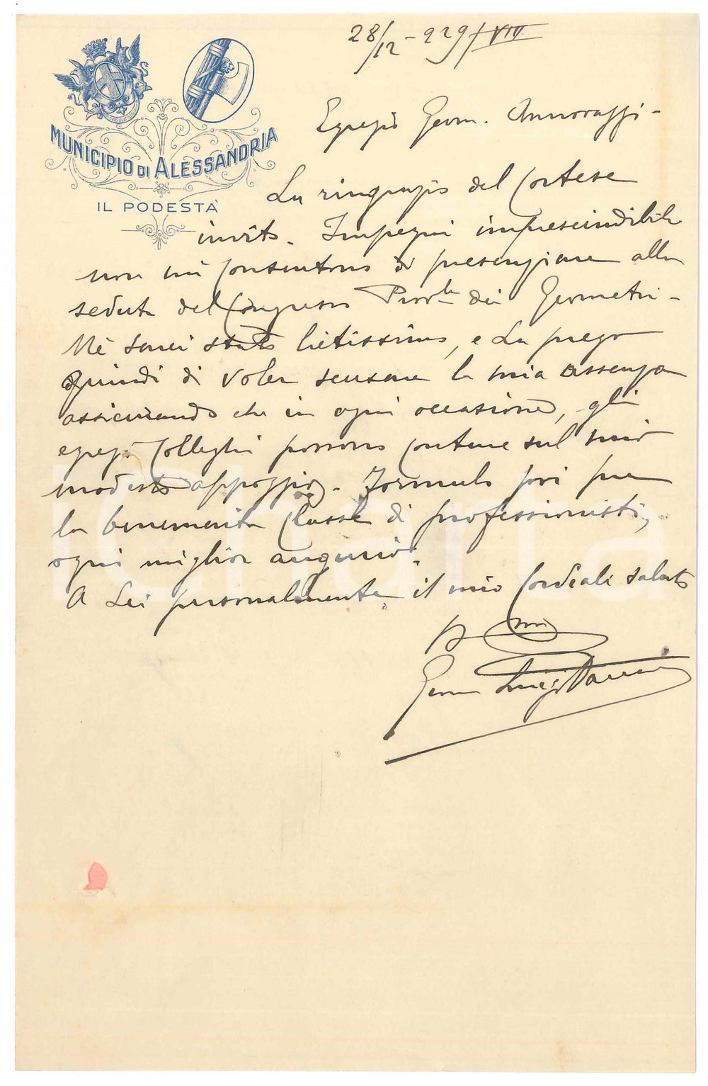 1929 ALESSANDRIA PodestÃ  Luigi VACCARI assente al congresso Geometri - AUTOGRAFO Lettera autografa del podest&agrave; di Alessandria, su carta intestata del Municipio.PAGINE: 4 (1 scritta)  POOR/danneggiato piegature d'epoca e fori da archiviazione  originale e autentica 1