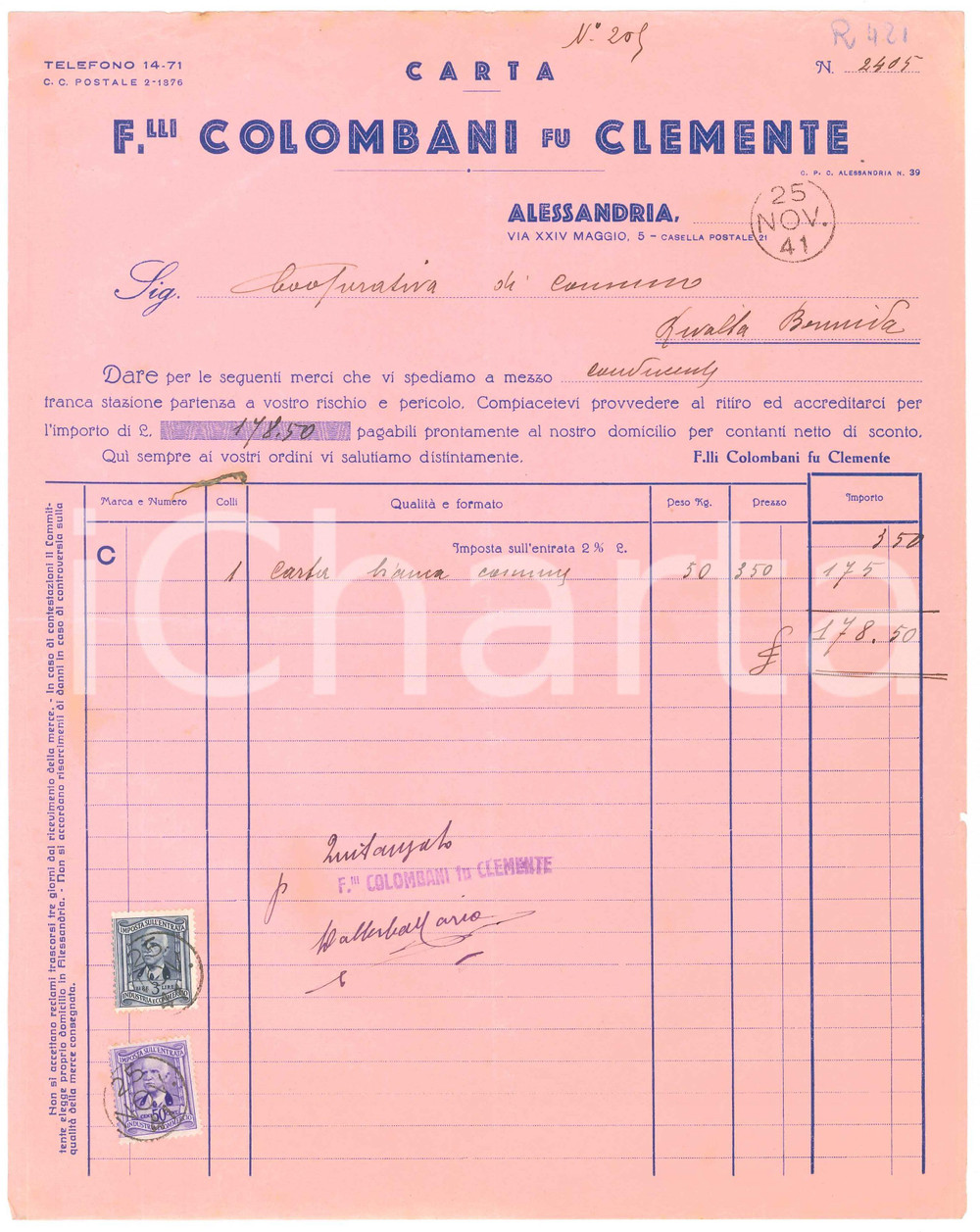 1941 ALESSANDRIA - F.lli COLOMBANI fu Clemente - Fattura commerciale per carta