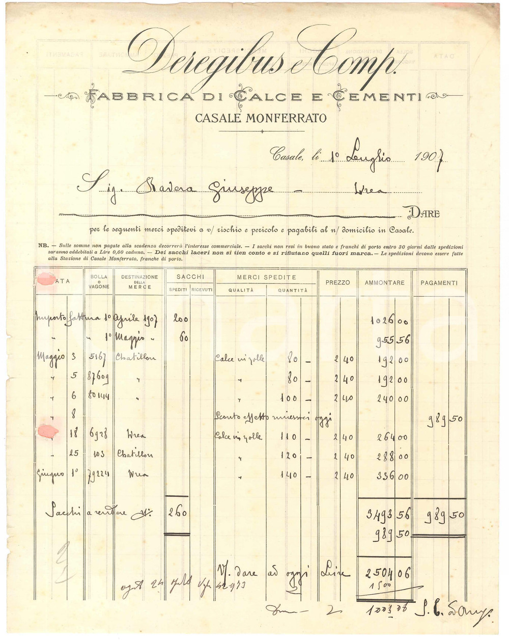1907 CASALE MONFERRATO Fabbrica calce e cementi DEREGIBUS & COMP. Fattura 22x29