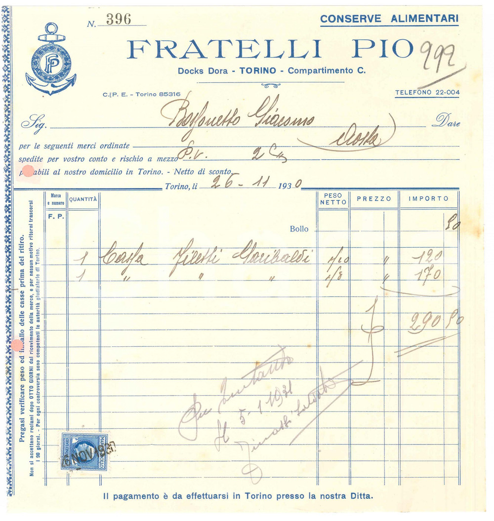 1927 TORINO Docks Dora - Conserve alimentari FRATELLI PIO Fattura 21x23 cm