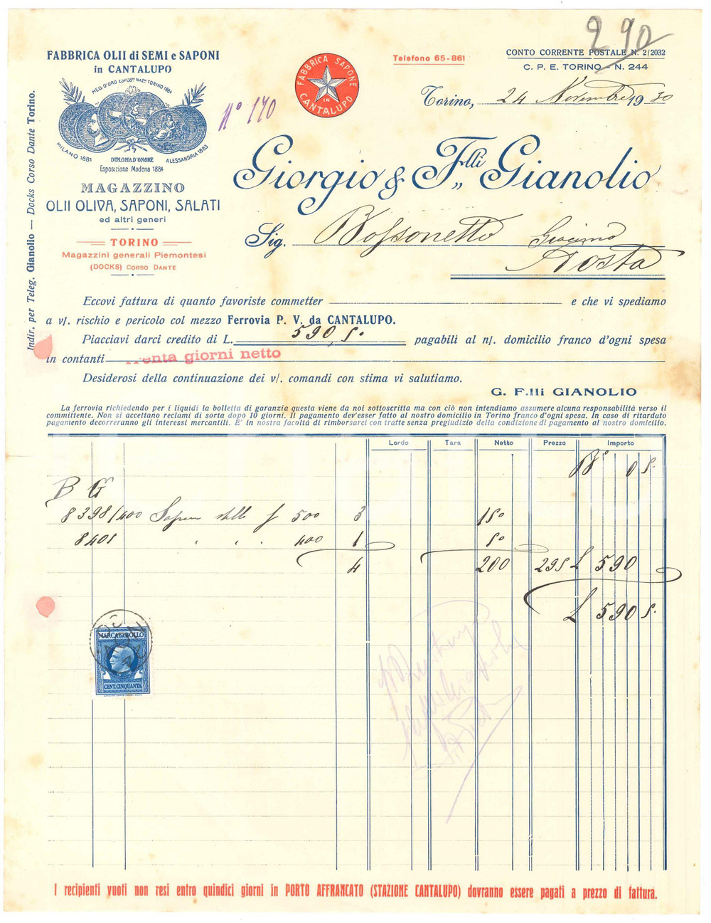 1930 TORINO Corso Dante - Giorgio & Fratelli GIANOLIO Olii e saponi *Fattura 6