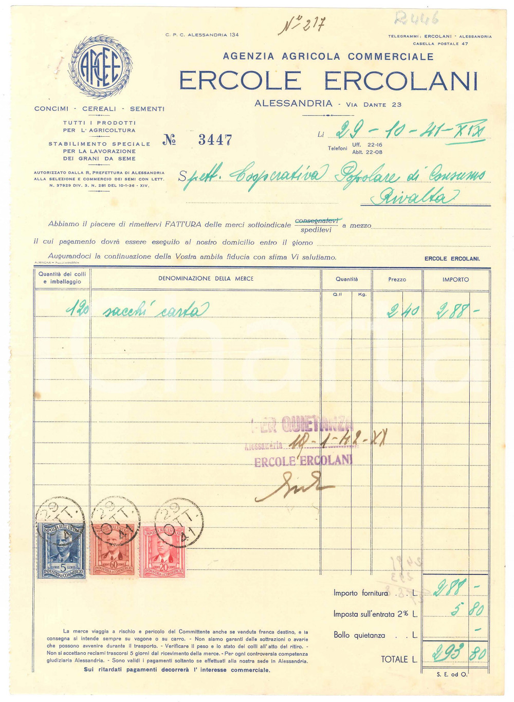 1941 ALESSANDRIA - Ercole ERCOLANI Agenzia Agricola Commerciale - Fattura (4)