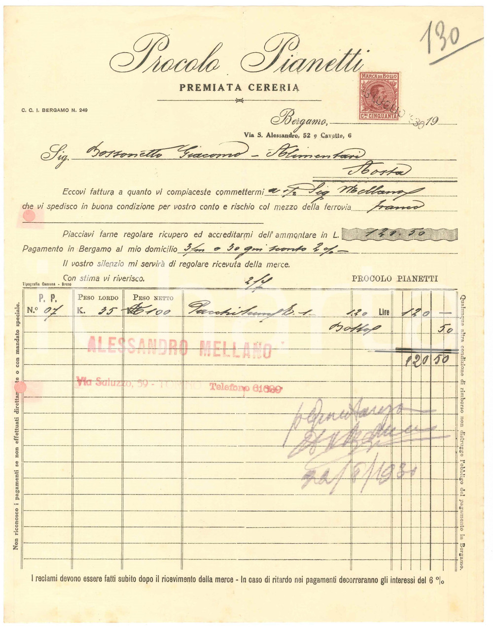 1930 BERGAMO Premiata cereria Procolo PIANETTI Fattura 22x28 cm