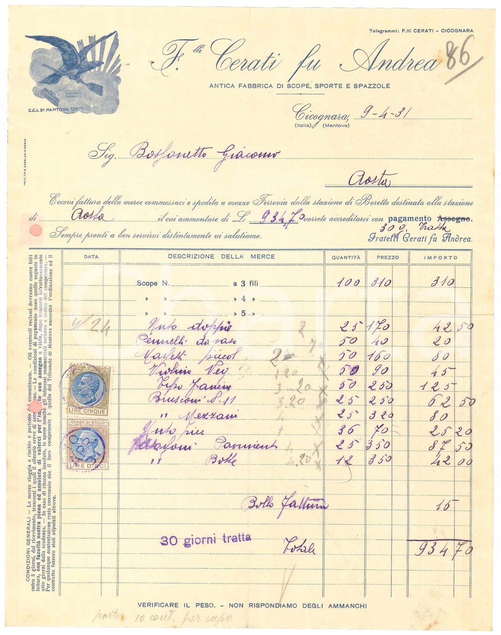 1931 CICOGNARA Fratelli CERATI fu Andrea - Antica fabbrica di scope - Fattura