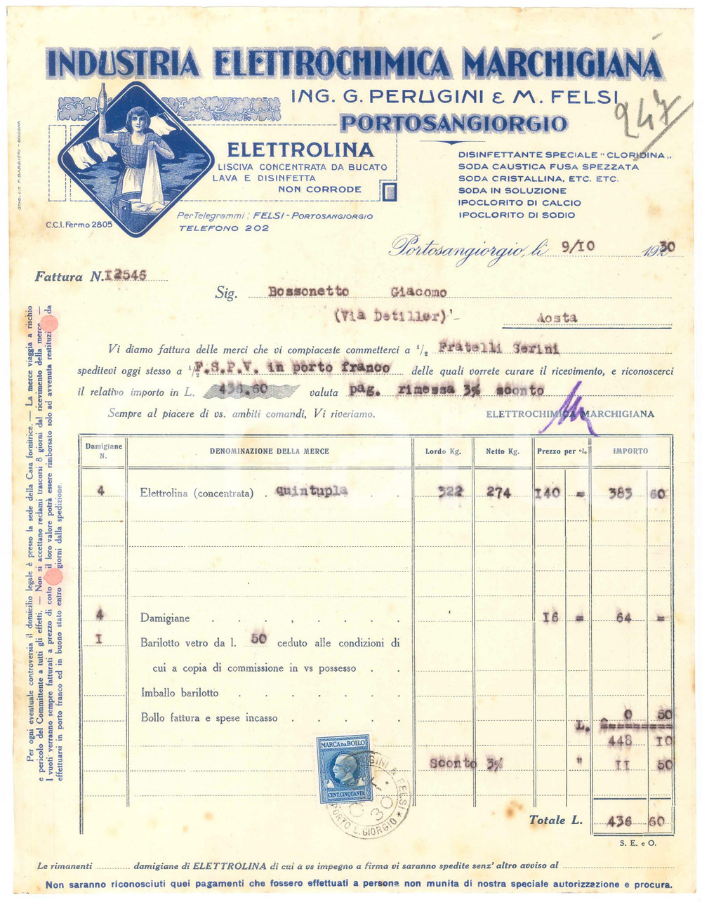 1930 PORTO SAN GIORGIO Industria Elettrochimica Marchigiana - Fattura