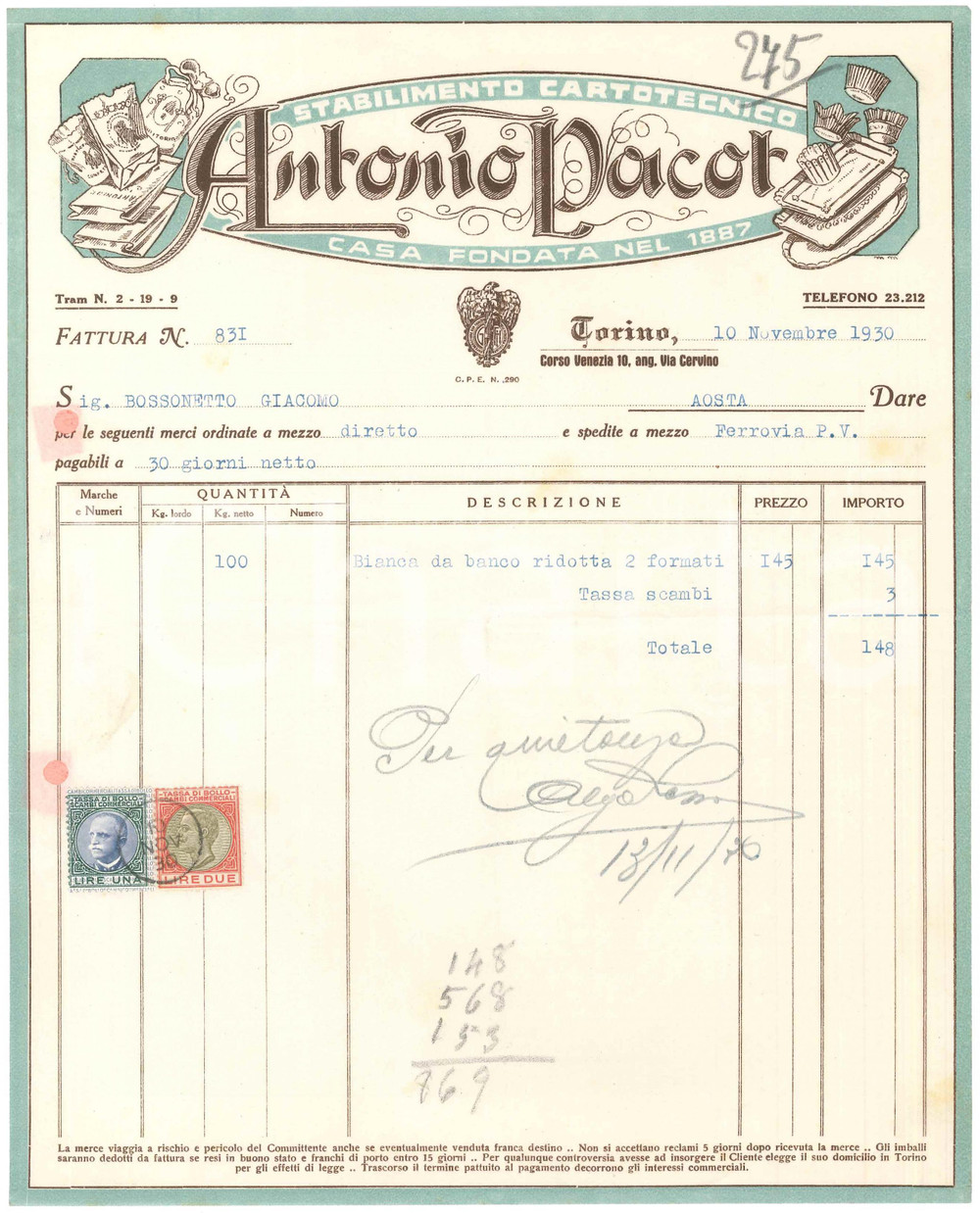 1930 TORINO C.so Venezia 10 Antonio PACOT Stabilimento cartotecnico *Fattura (4)