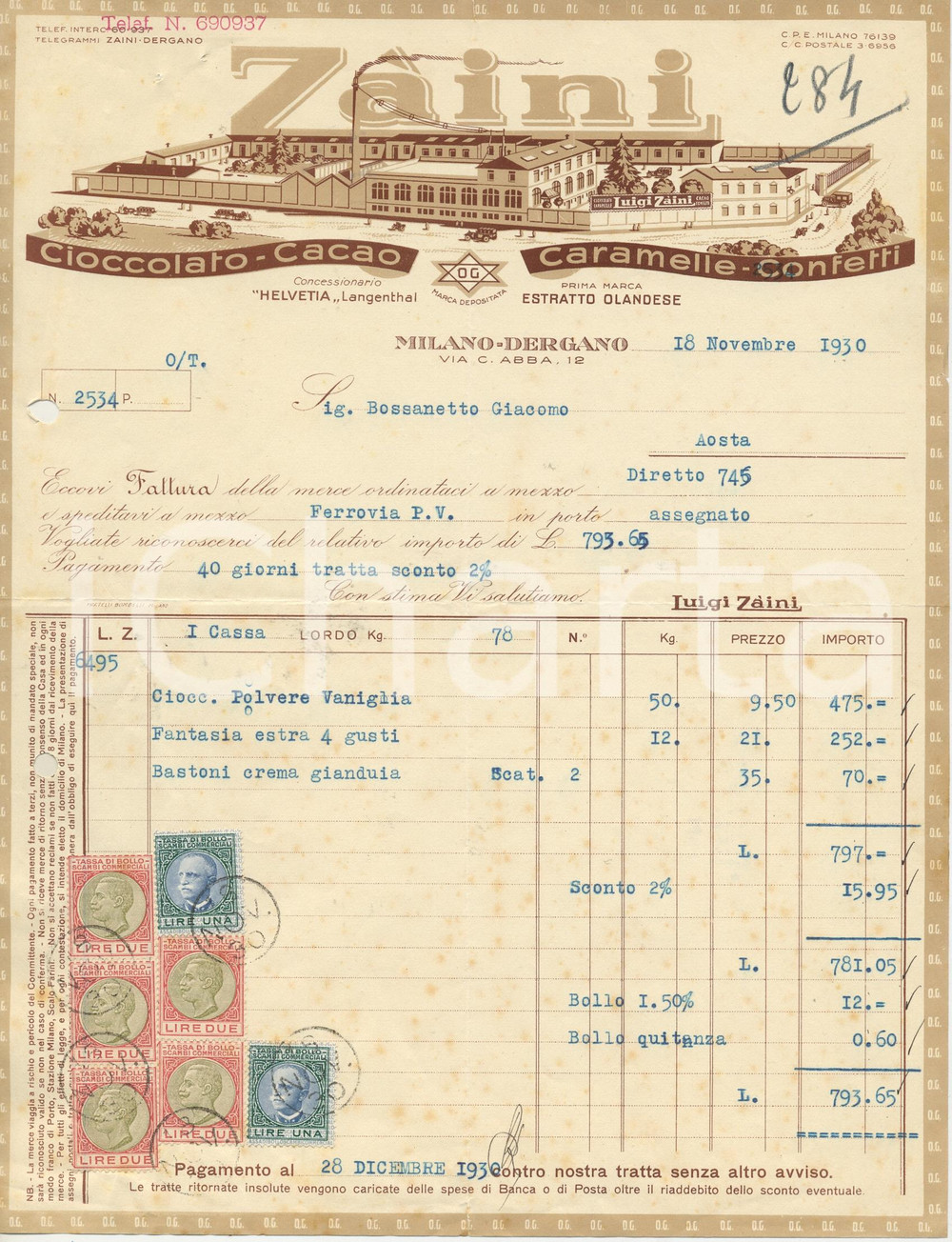 1930 MILANO Via C. Abba 12 - ZÀINI Cioccolato Cacao Caramelle - Fattura 21x28
