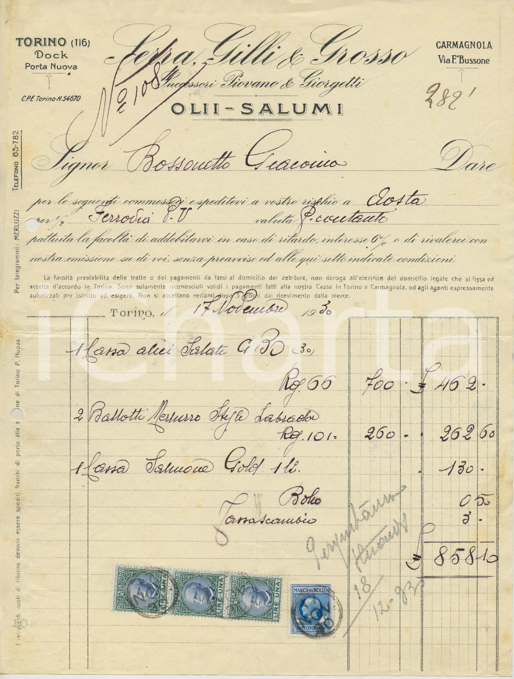 1930 TORINO Ditta SERRA, GILLI & GROSSO Olii e salumi *Fattura per alici salate