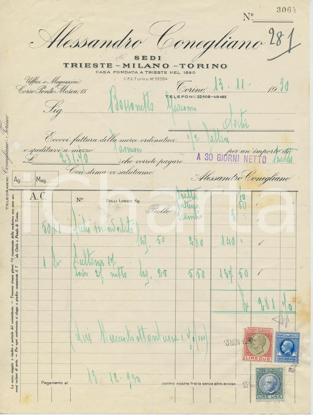 1931 TORINO C.so Ponte Mosca 15 Alessandro CONEGLIANO Fattura fichi mandorlati 1