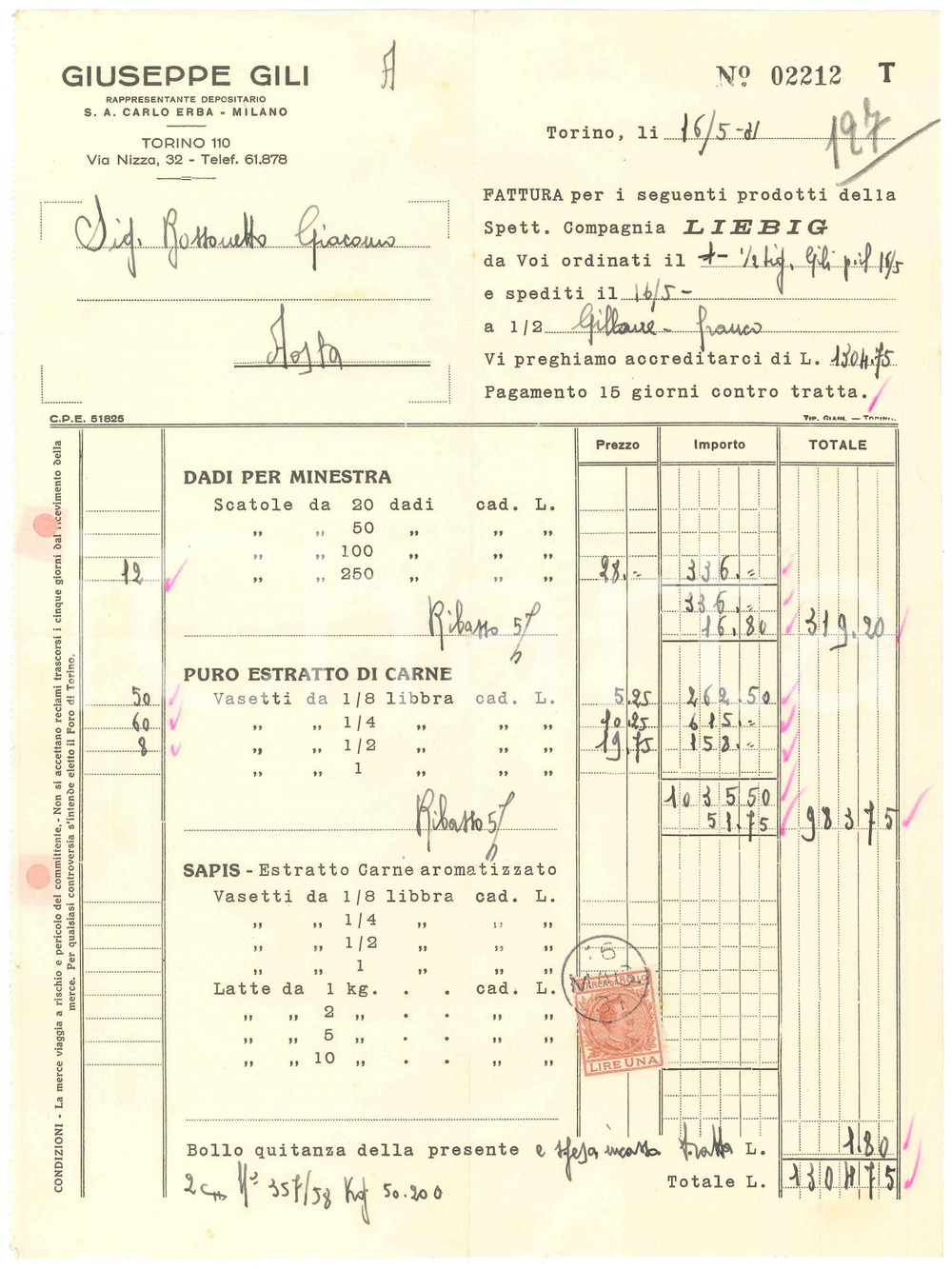 1931 TORINO Via Nizza 32 - Giuseppe GILI Fattura per prodotti LIEBIG 21x28 cm