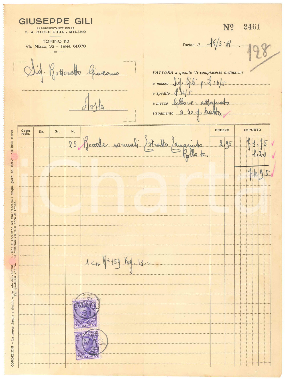 1931 TORINO Via Nizza 32 - Giuseppe GILI Fattura per estratto al tamarindo 21x28